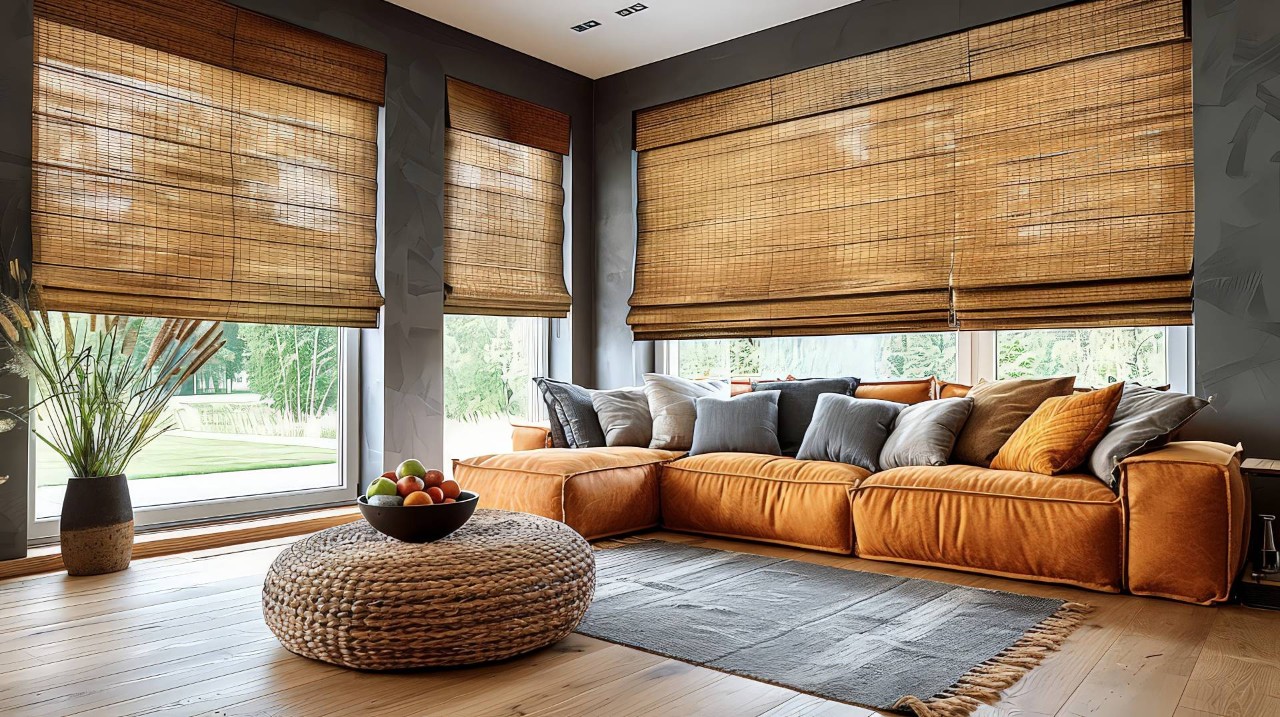 A modern-inspired living room with woven wood shades at In the Shade near Stuart, Florida (FL) 
