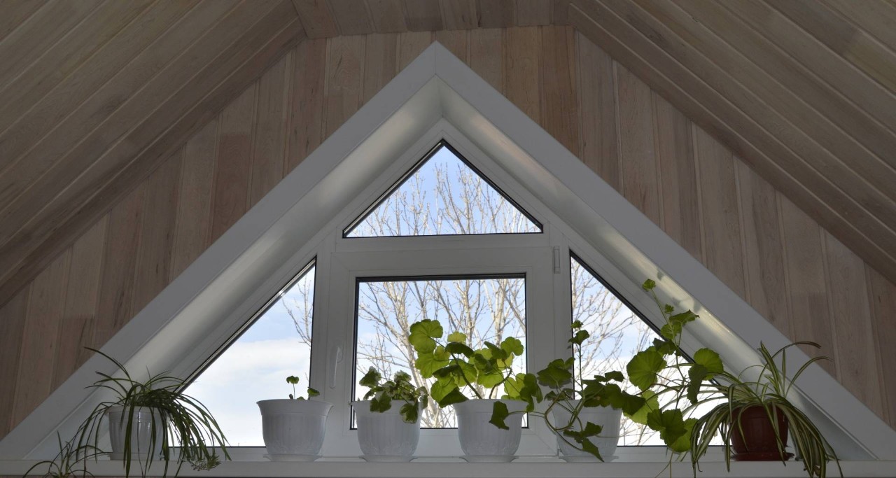 A triangular window with houseplants on the windowsill at In the Shade near Stuart, FL 
